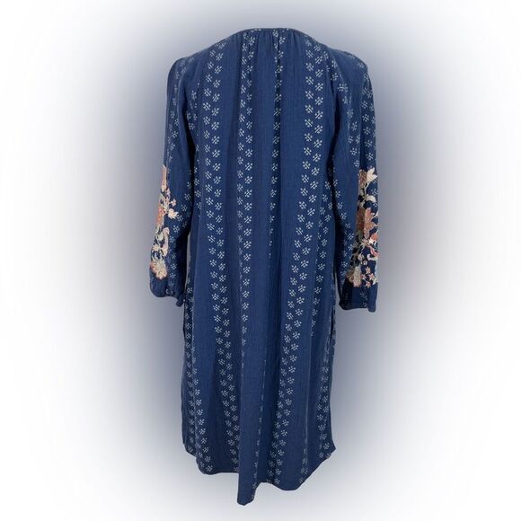 J Jill Dress Women’s S Blue Embroidered Floral Balloon Sleeve Tassel Boho Chic - Picture 2 of 11